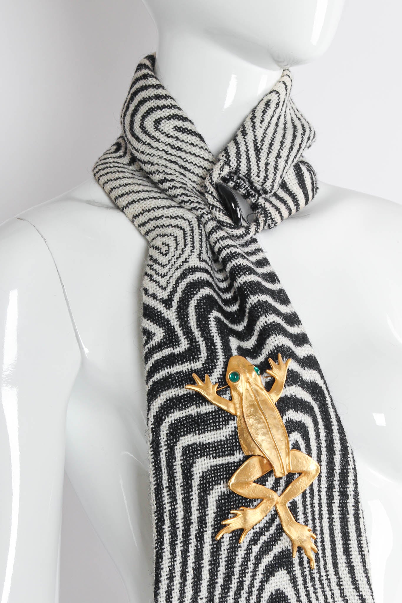 Vintage Kenneth Jay Lane Leaping Frog Brooch mannequin scarf close @ Recess Los Angeles