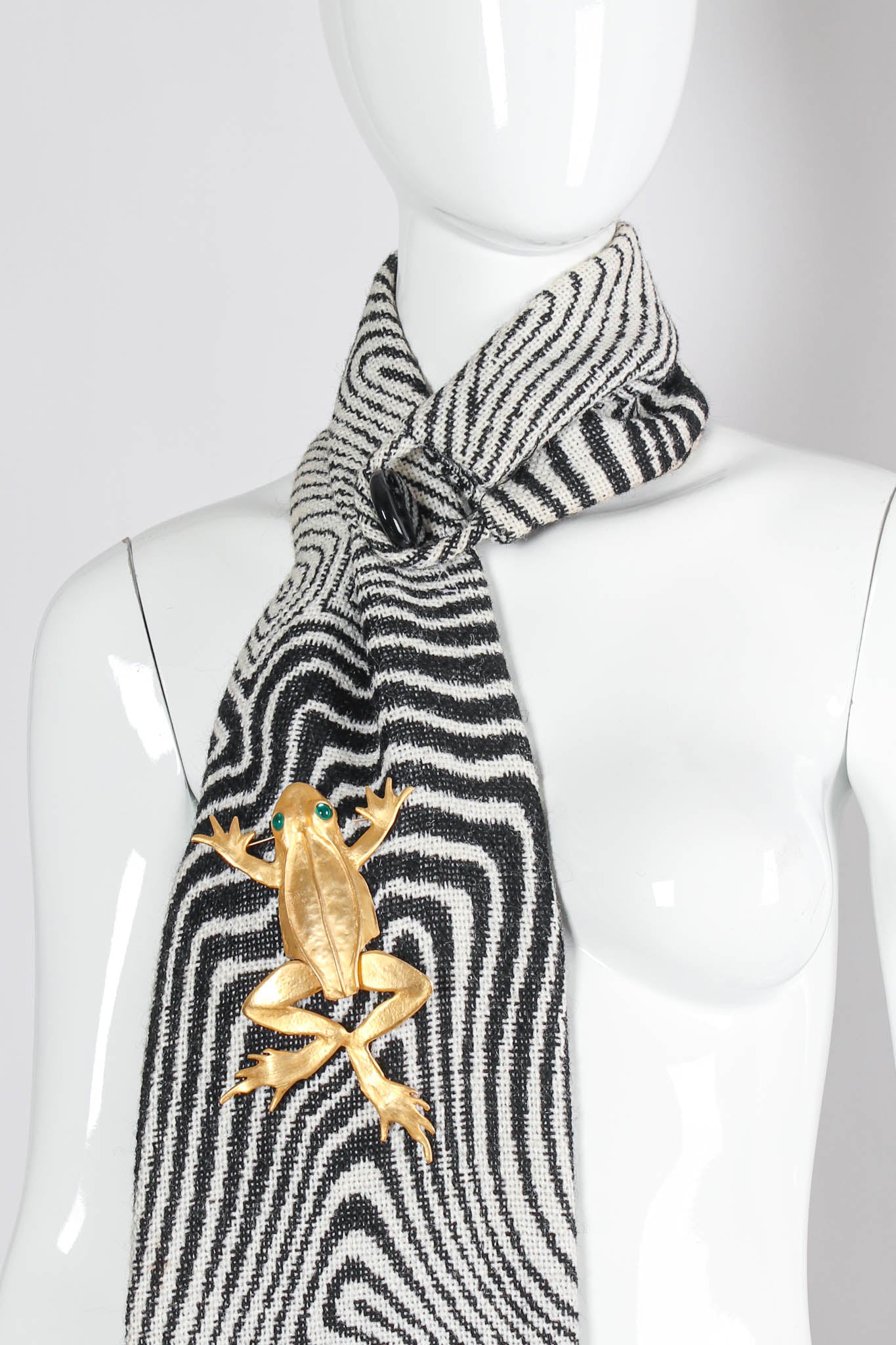 Vintage Kenneth Jay Lane Leaping Frog Brooch on mannequin scarf @ Recess Los Angeles