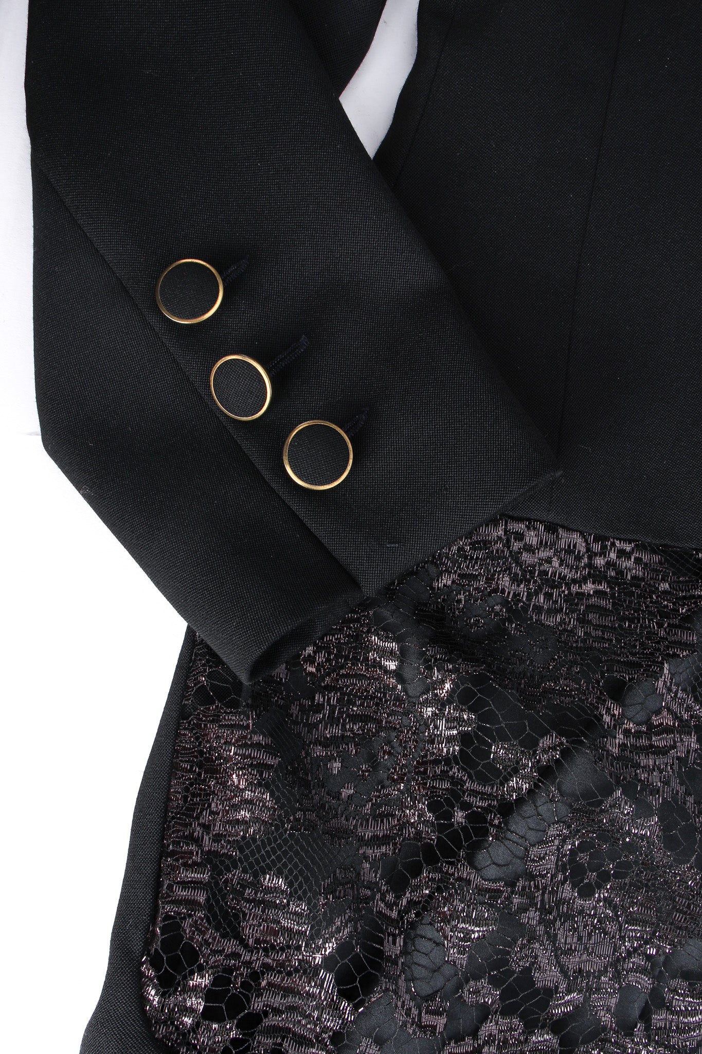Vintage Karl Lagerfeld Metallic Lace Panel Wool Blazer sleeve/hip panel close @ Recess LA