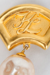 Recess Vintage Karl Lagerfeld KL Logo Golden Fan Pearl Drop Earrings on Grey