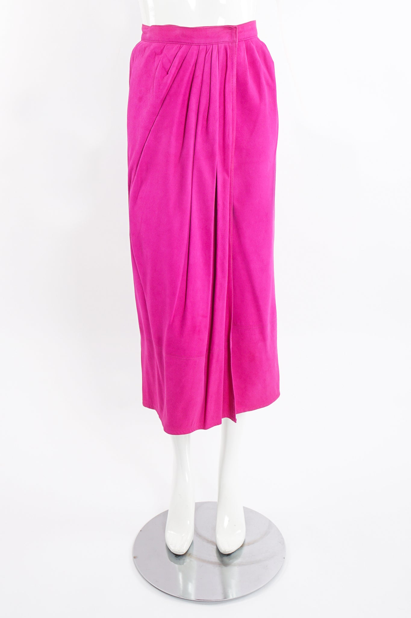 Vintage Kasper for JL Sport Hot Pink Tissue Suede Wrap Skirt on Mannequin front at Recess LA