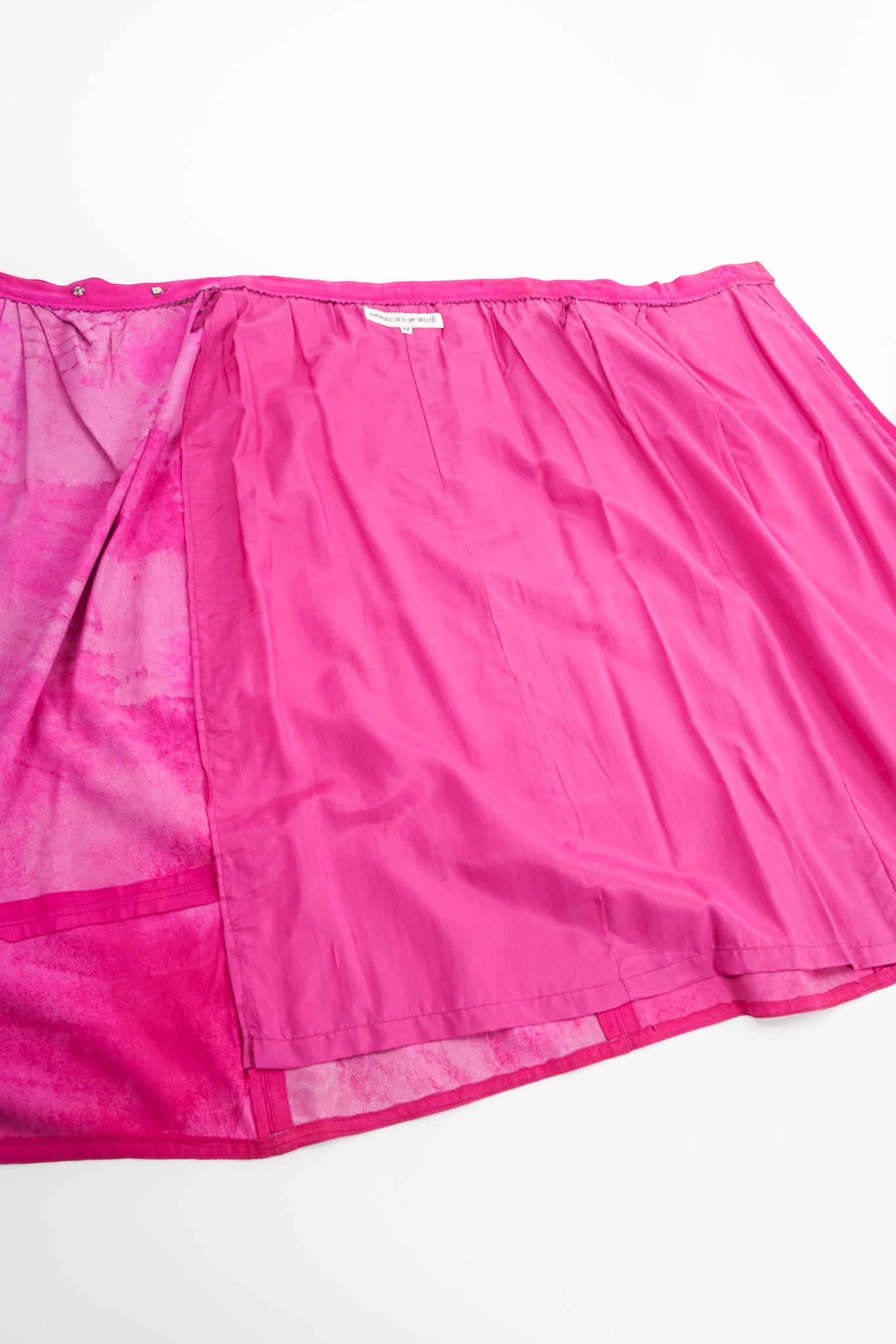 Vintage Kasper for JL Sport Hot Pink Tissue Suede Wrap Skirt flat at Recess LA