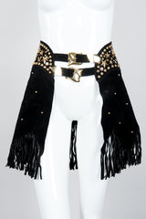 Vintage Katherine Baumann Black Studded Suede Fringe Belt on mannequin at Recess Los Angeles