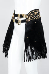 Vintage Katherine Baumann Black Studded Suede Fringe Belt on mannequin angle at Recess Los Angeles