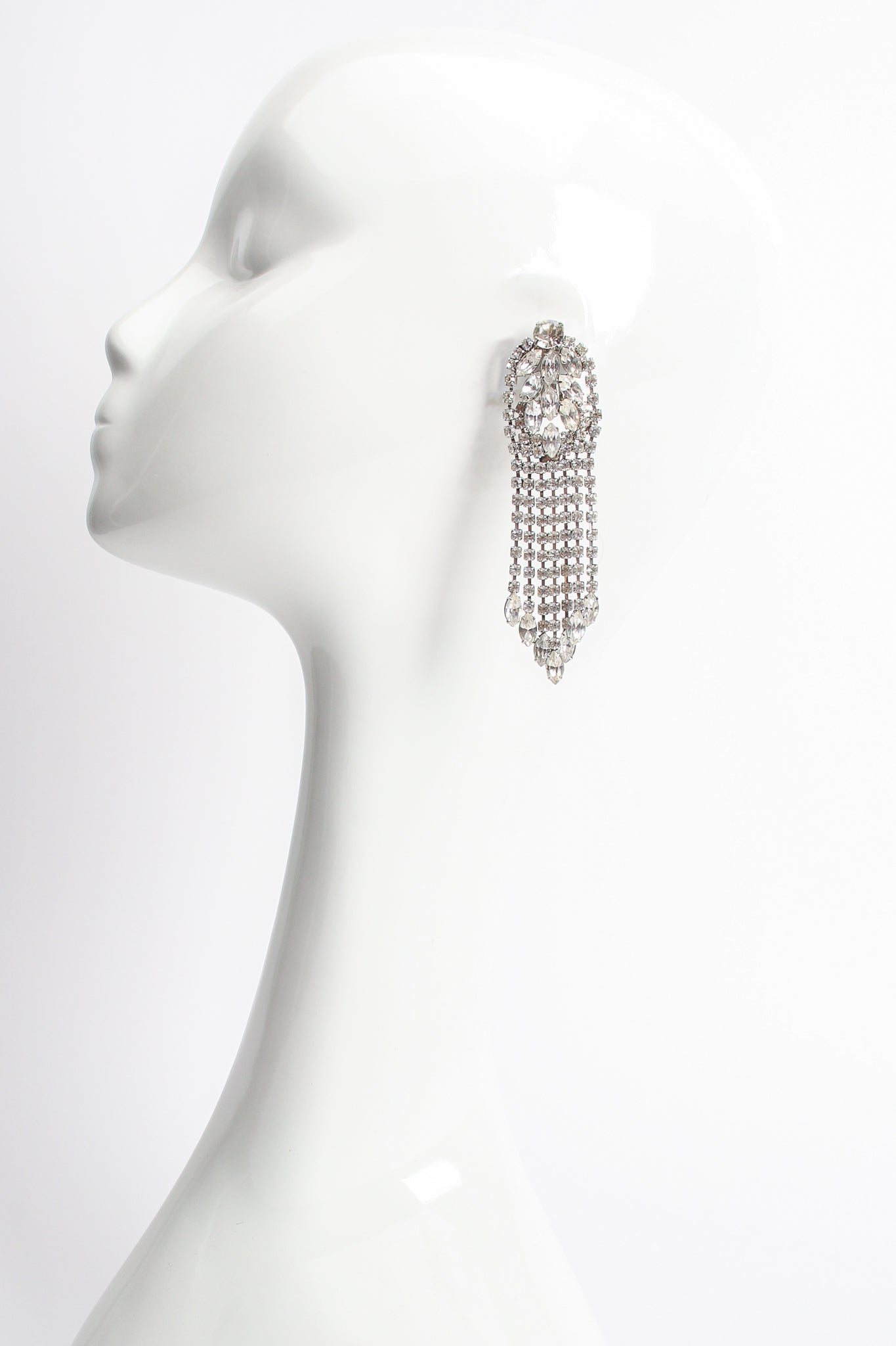 Vintage Kirks Folly Rhinestone Marquise Fringe Earrings on mannequin at Recess Los Angeles