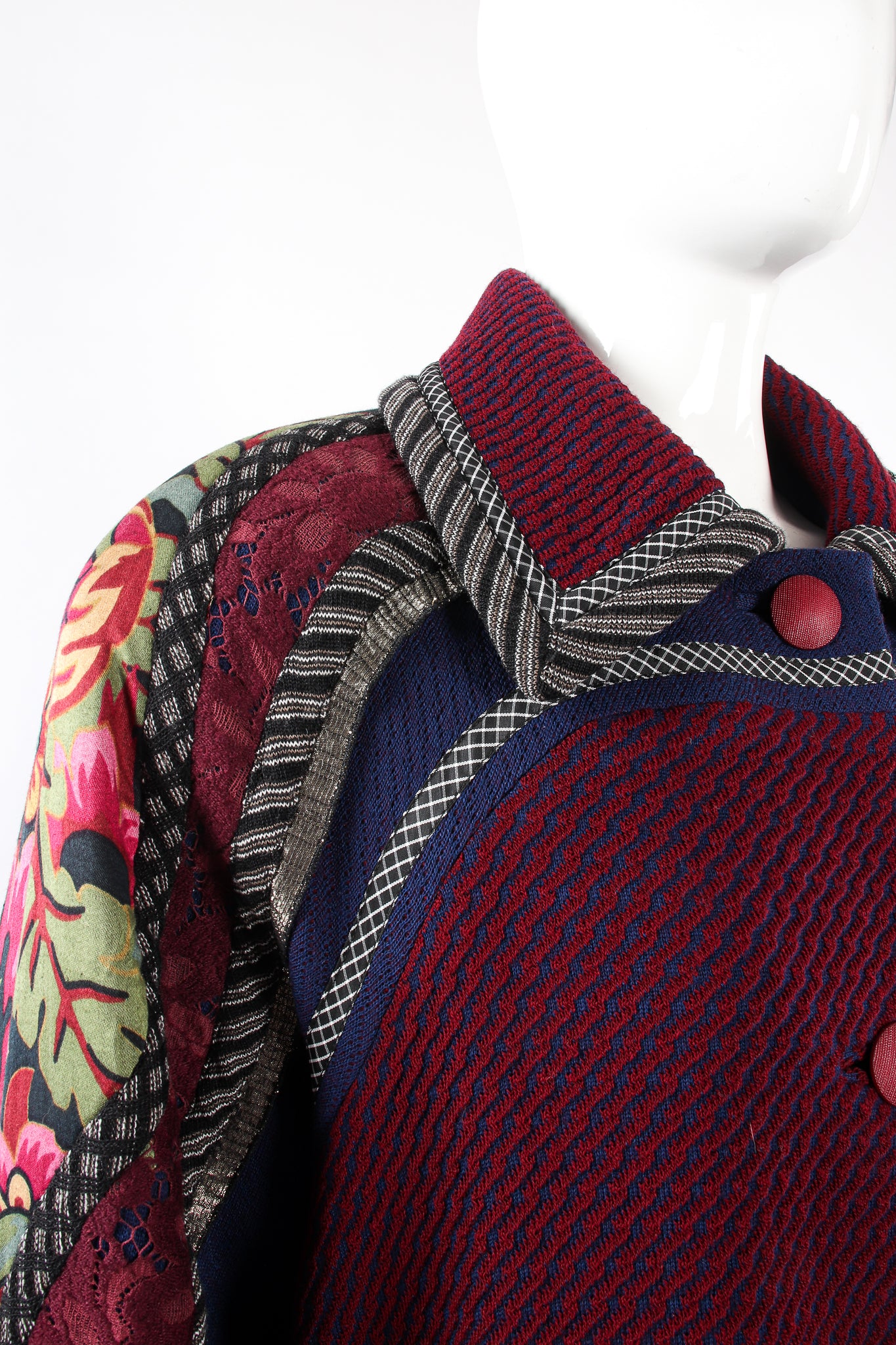 Vintage Koos Van Den Akker Textured Knit Swing Patchwork Coat  on Mannequin shoulder at Recess LA
