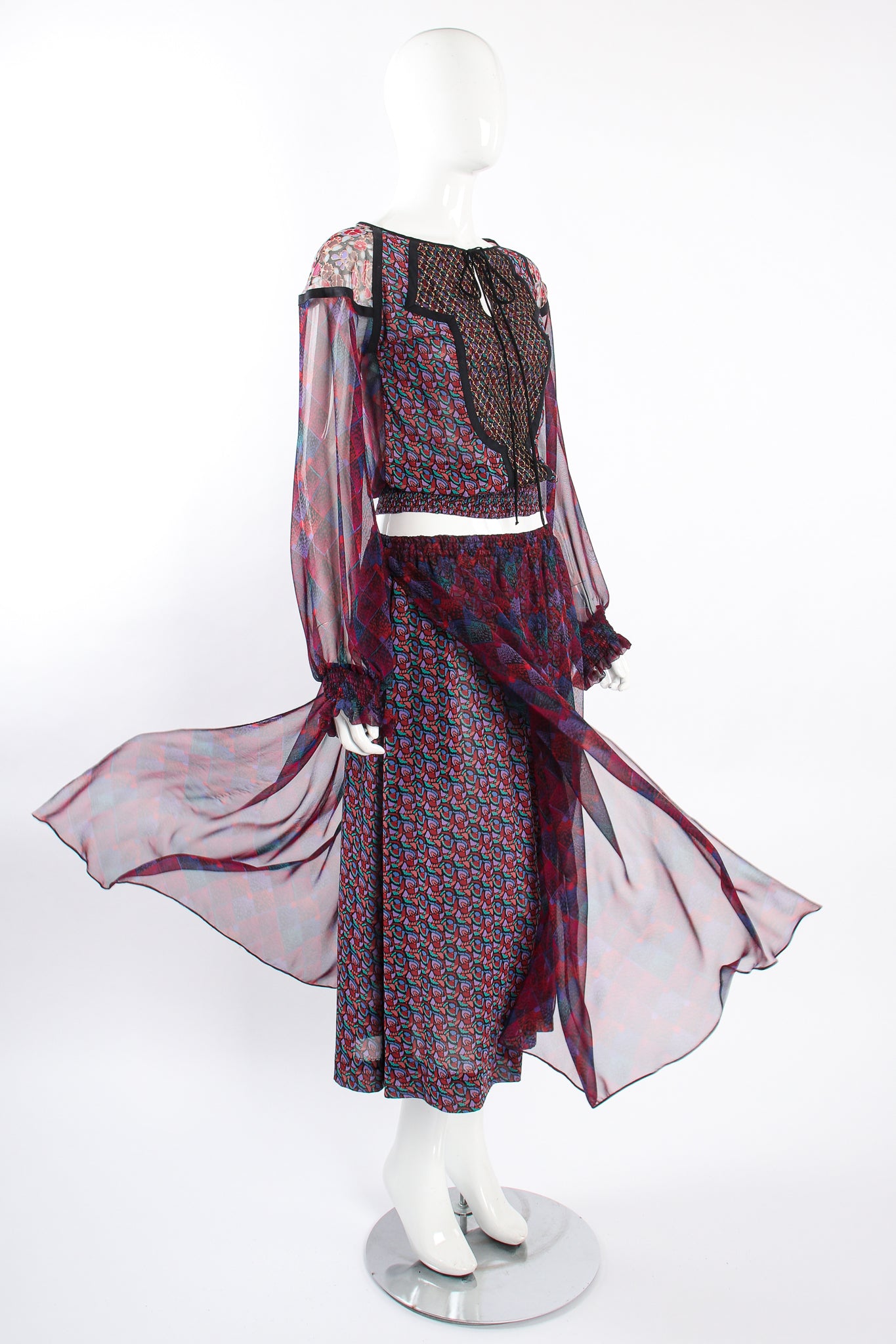 Vintage Koos Van Den Akker Mixed Print Crop Top & Skirt Set on Mannequin float at Recess LA