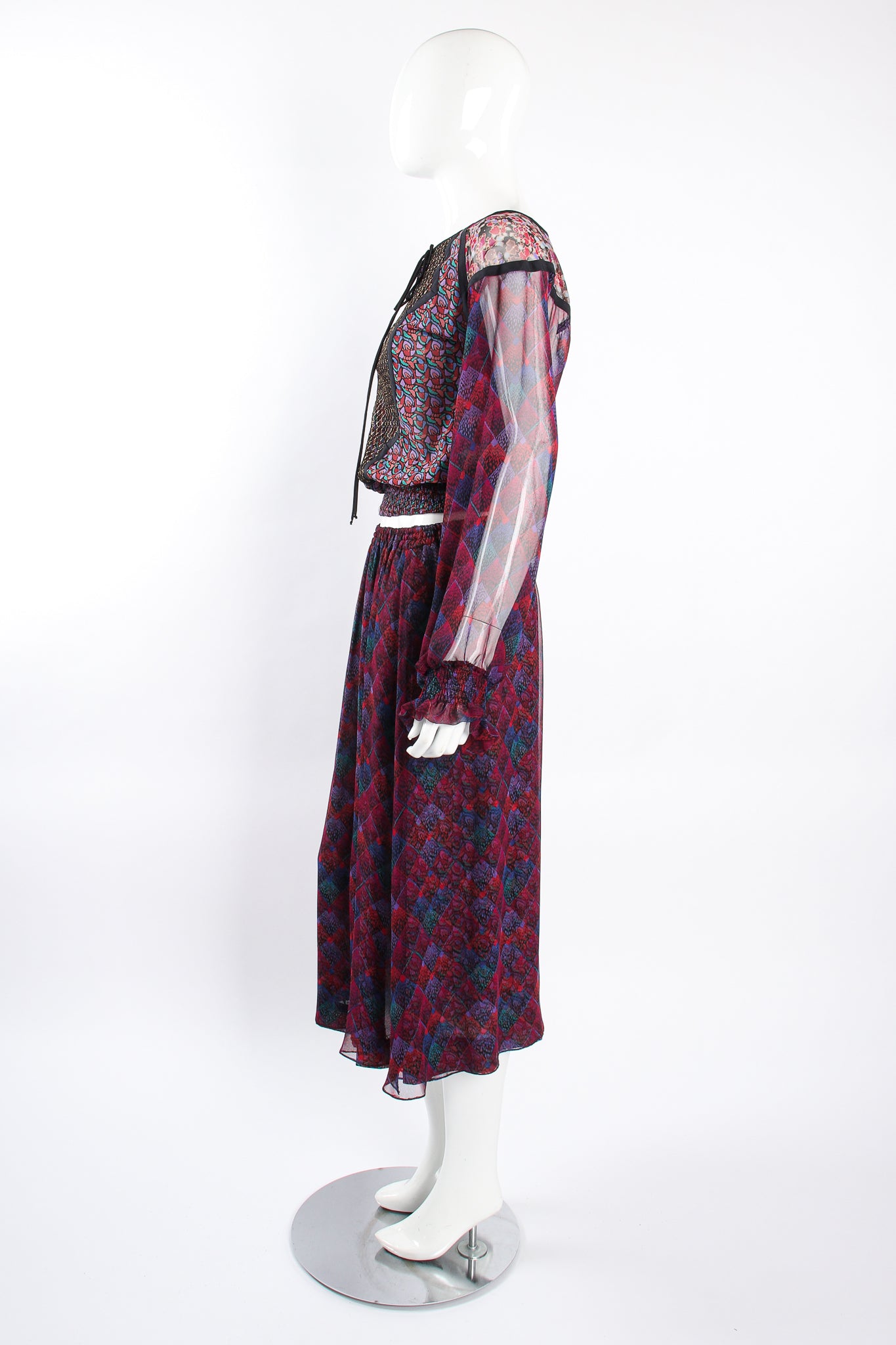 Vintage Koos Van Den Akker Mixed Print Crop Top & Skirt Set on Mannequin side at Recess LA