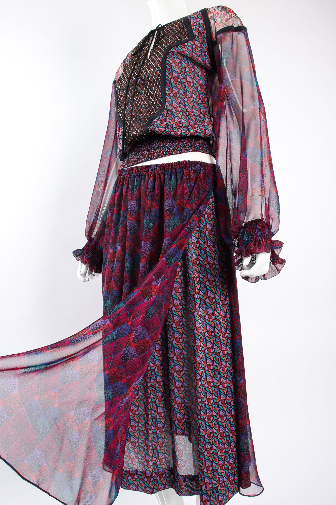 Vintage Koos Van Den Akker Mixed Print Crop Top & Skirt Set on Mannequin angle at Recess LA