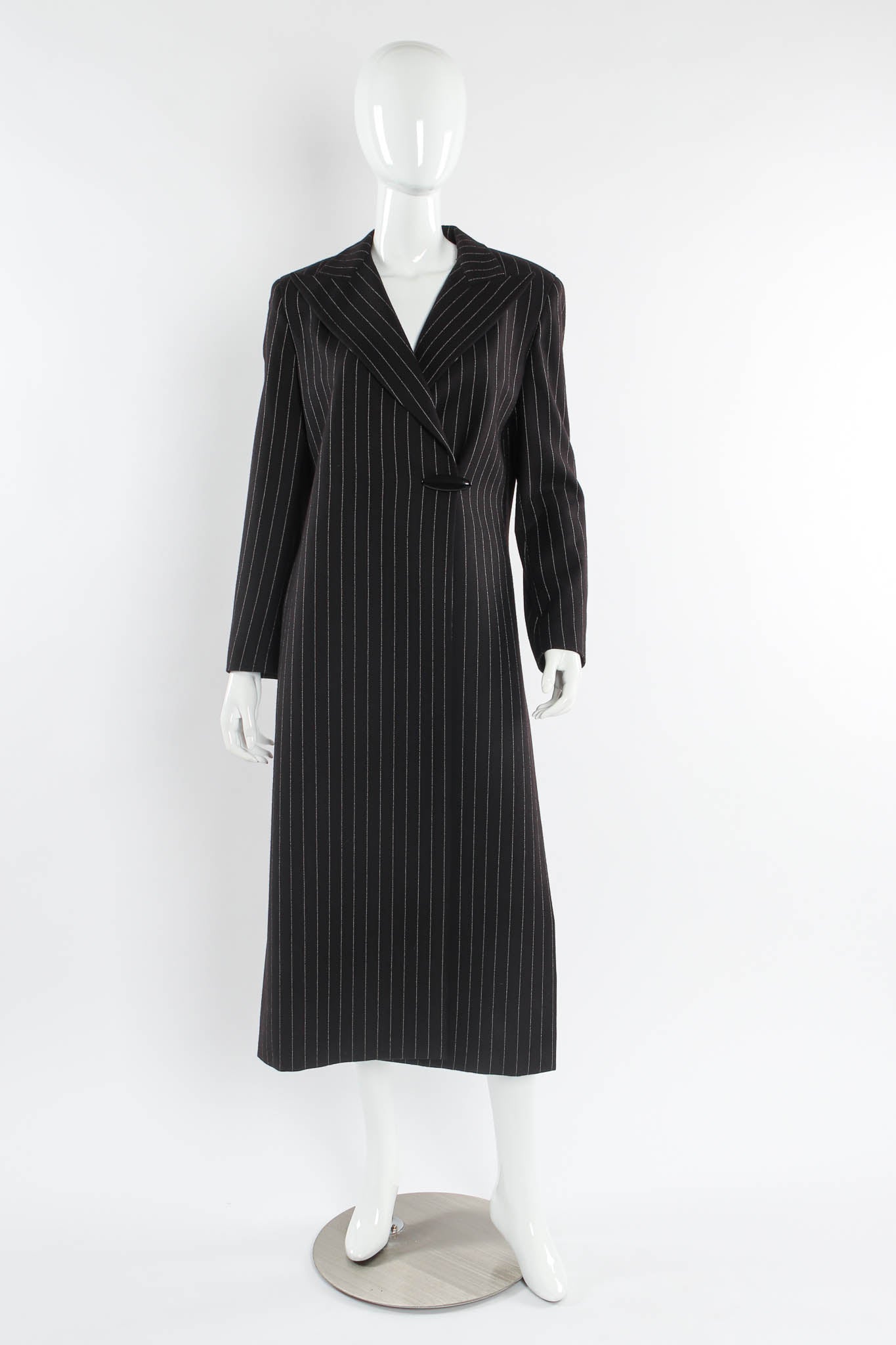 Vintage Krizia Pinstripe High Slit Wool Coat mannequin front @ Recess Los Angeles
