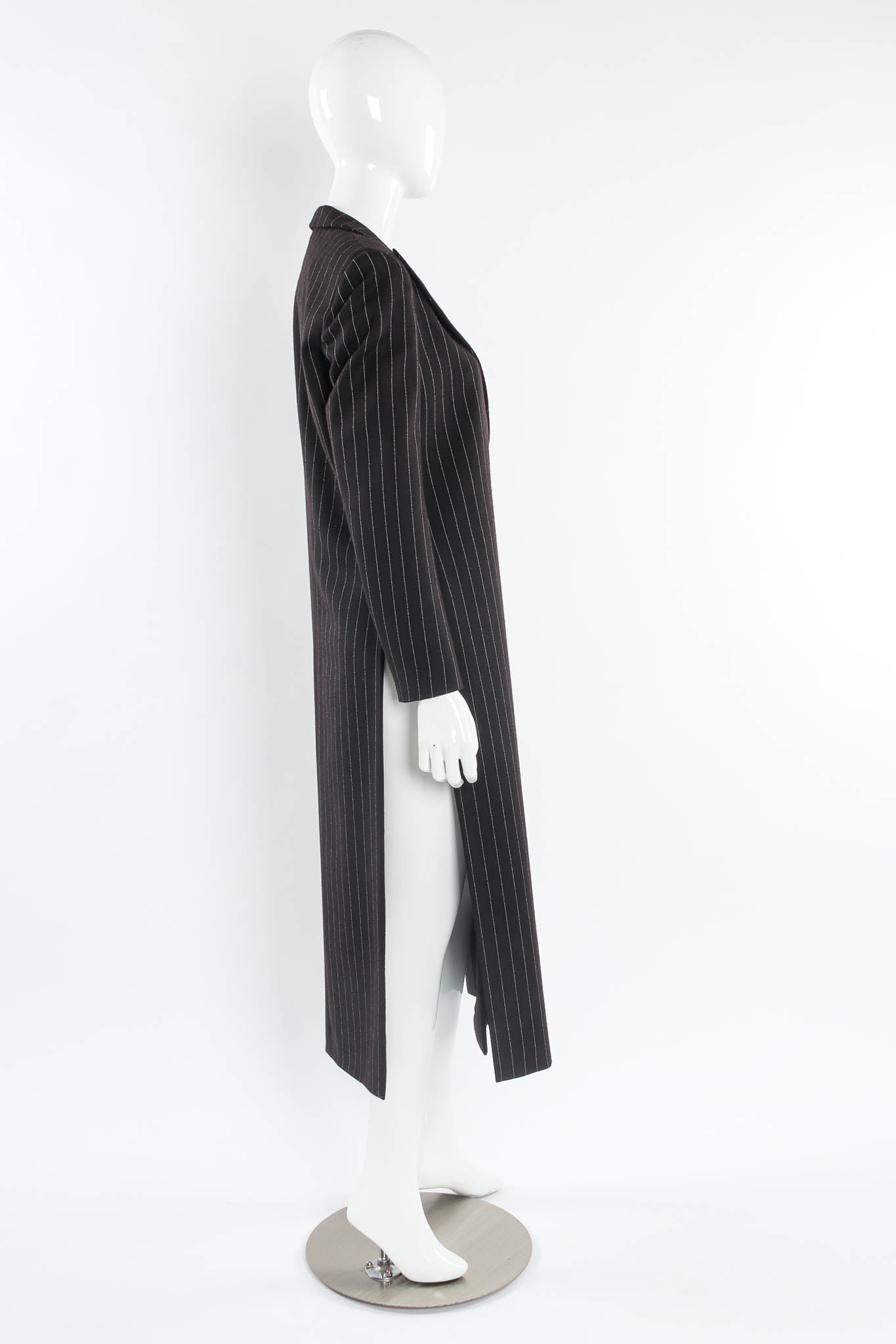 Vintage Krizia Pinstripe High Slit Wool Coat mannequin side @ Recess Los Angeles