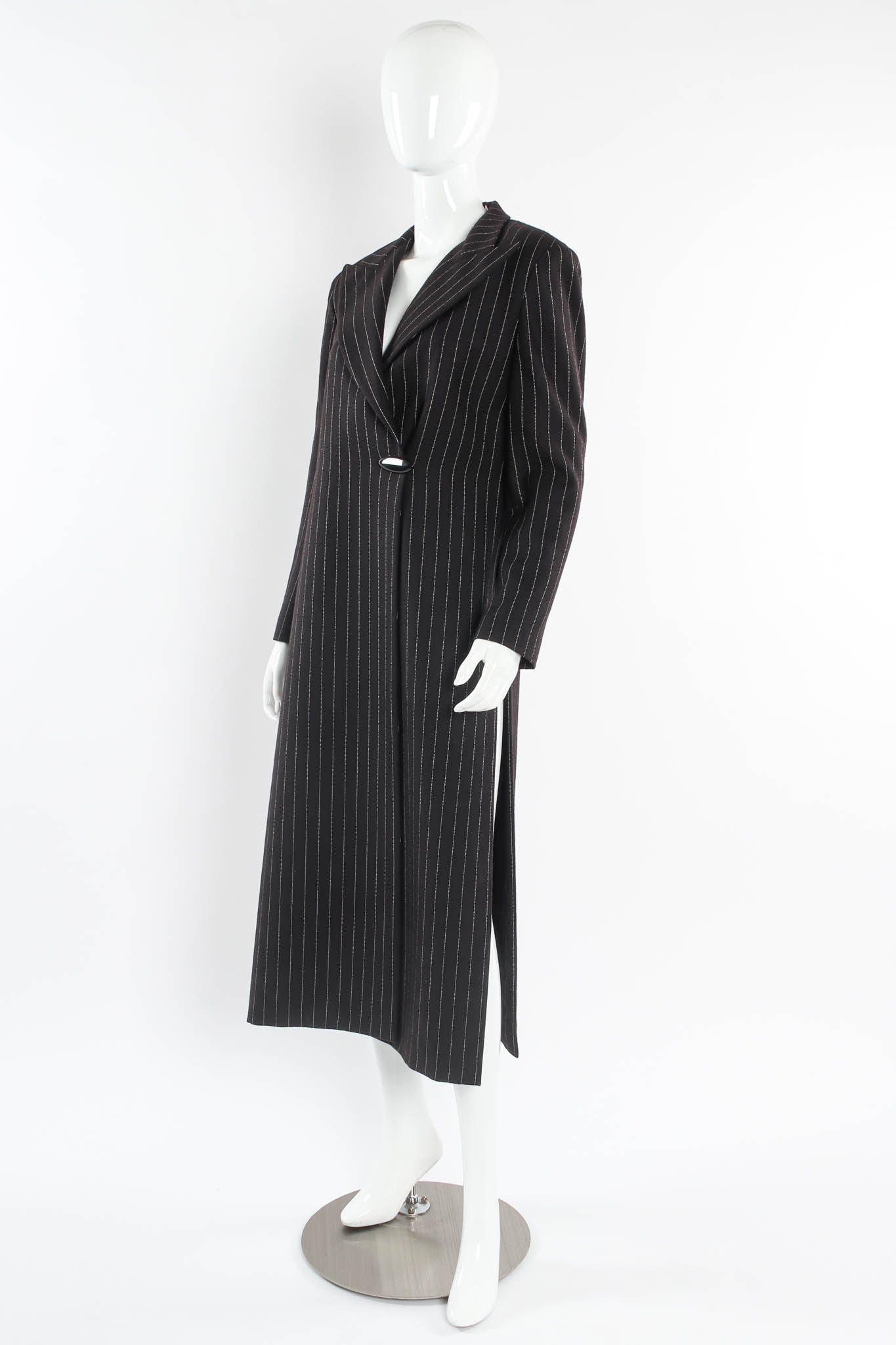 Vintage Krizia Pinstripe High Slit Wool Coat mannequin angle @ Recess Los Angeles