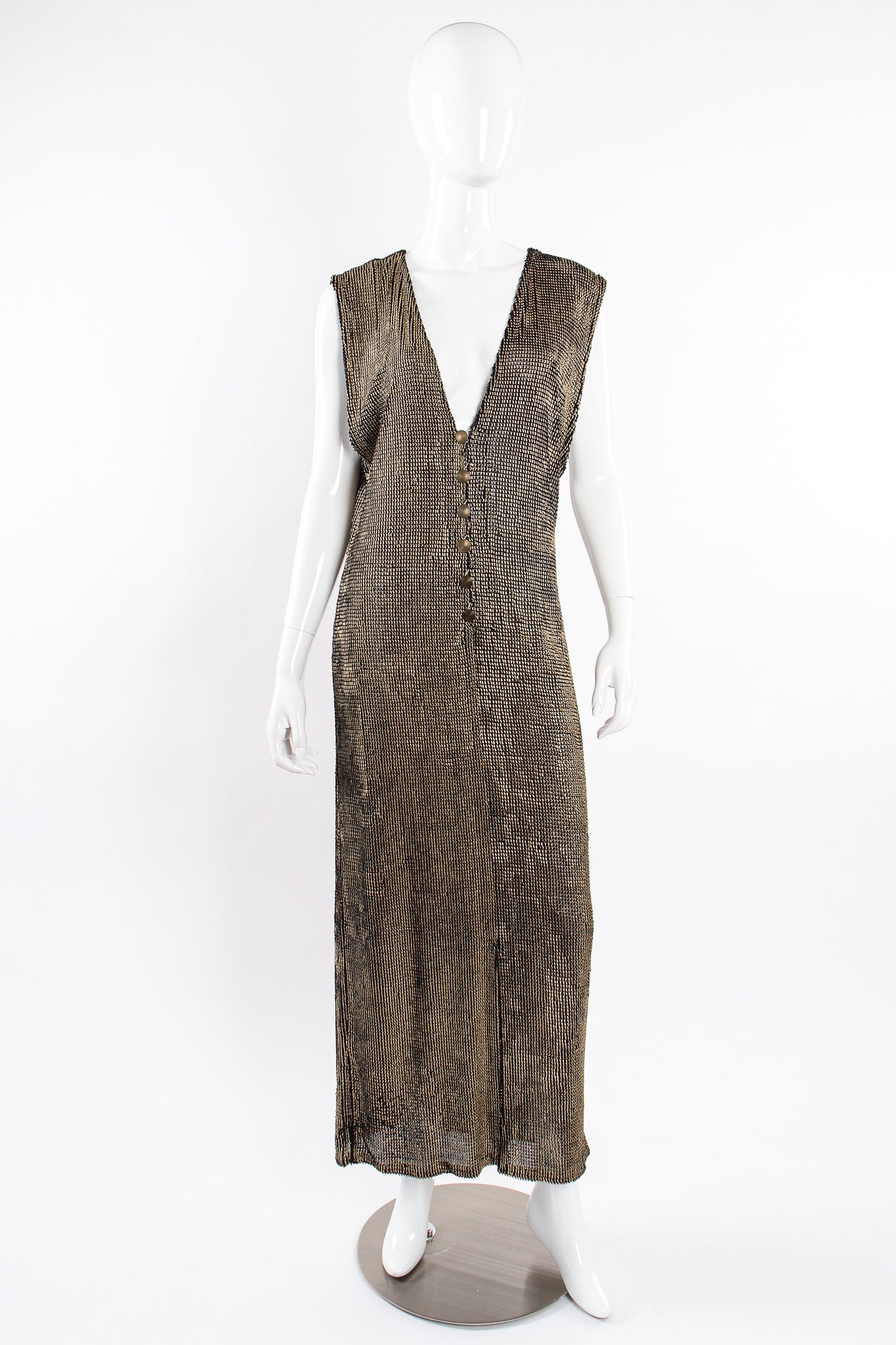 Vintage Krizia Liquid Metallic Painted Dress On Mannequin front reverse at Recess LA