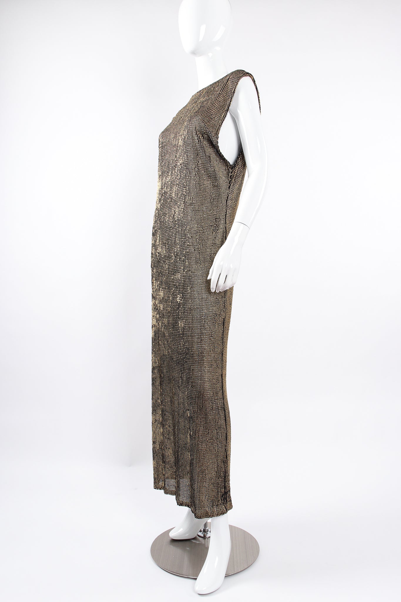 Vintage Krizia Reversible Liquid Metallic Painted Dress On Mannequin angle at Recess Los Angeles
