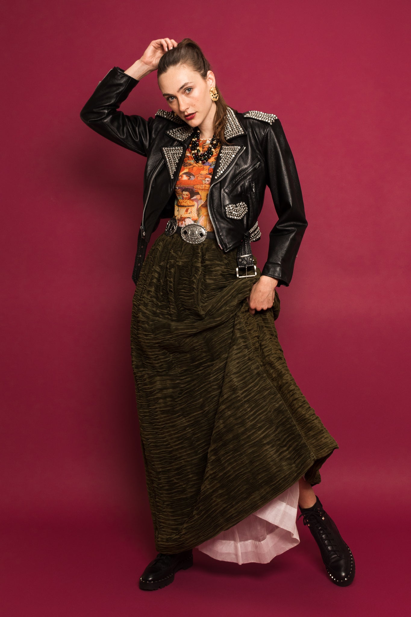Vintage L.A. Roxx Leather Rhinestone & Studded Jacket on Model @ Recess LA