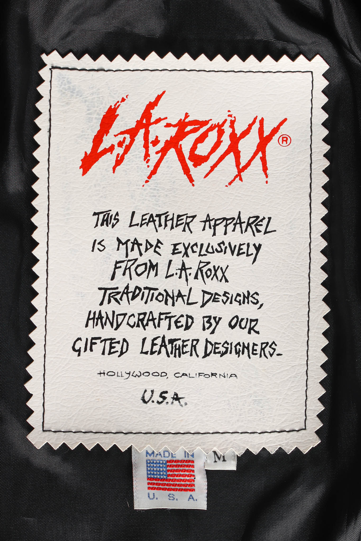 Vintage L.A. Roxx Leather Rhinestone & Studded Jacket tag @ Recess LA