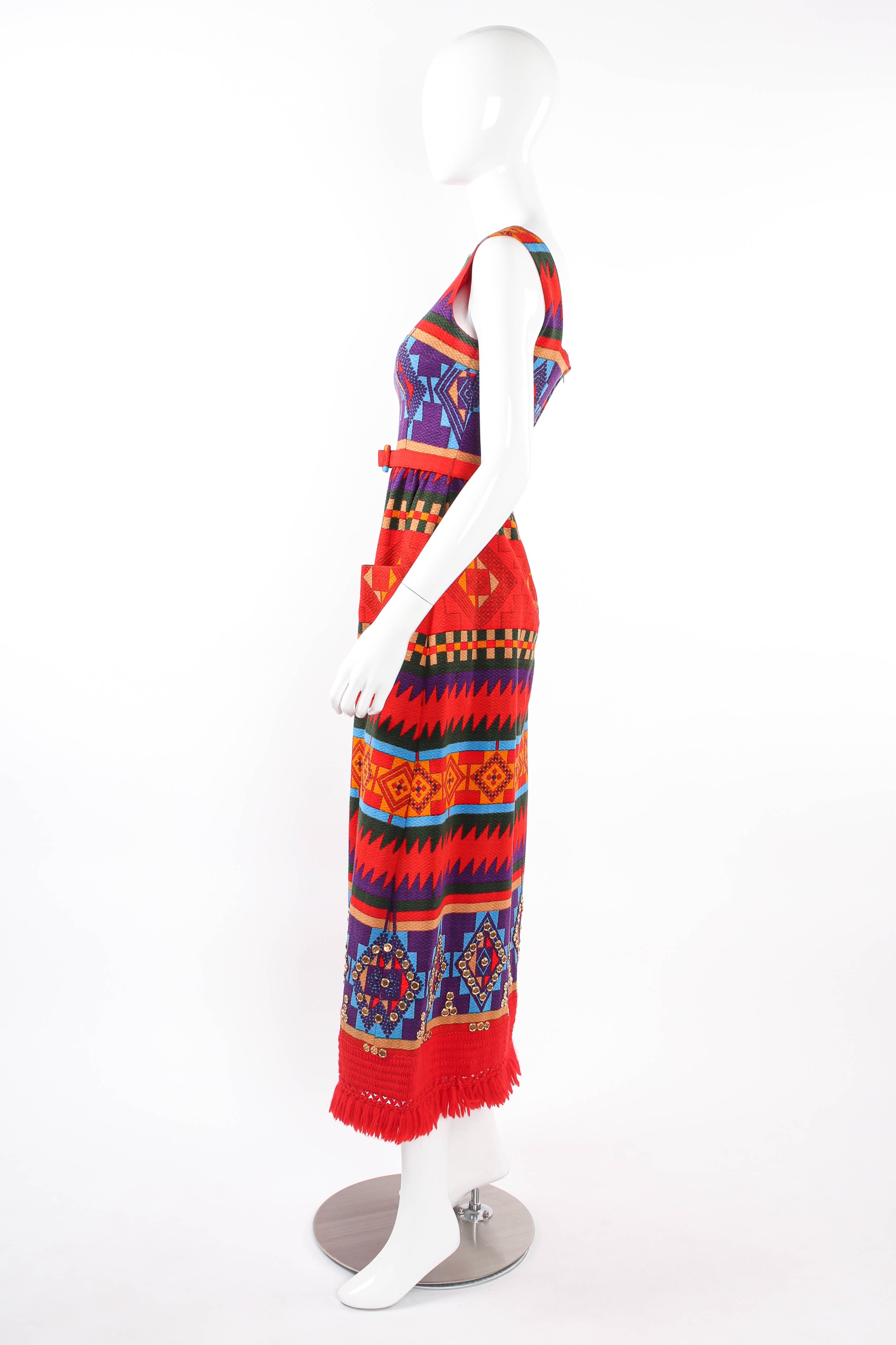 Vintage Lanvin Geo Ikat Print Dress mannequin side with belt  @ Recess LA