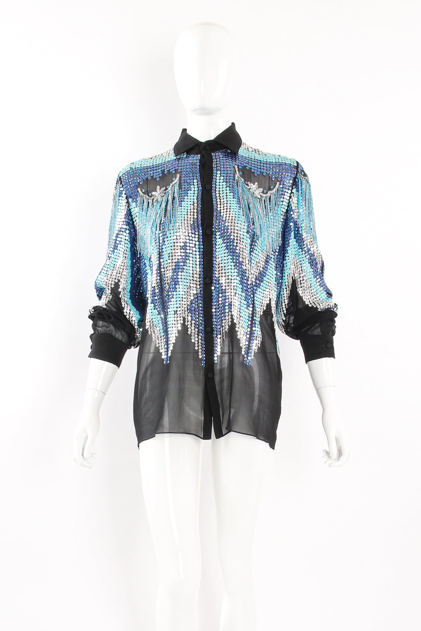 Vintage Lauren Nicole Sheer Sequin Fringe Shirt on Mannequin front at Recess Los Angeles