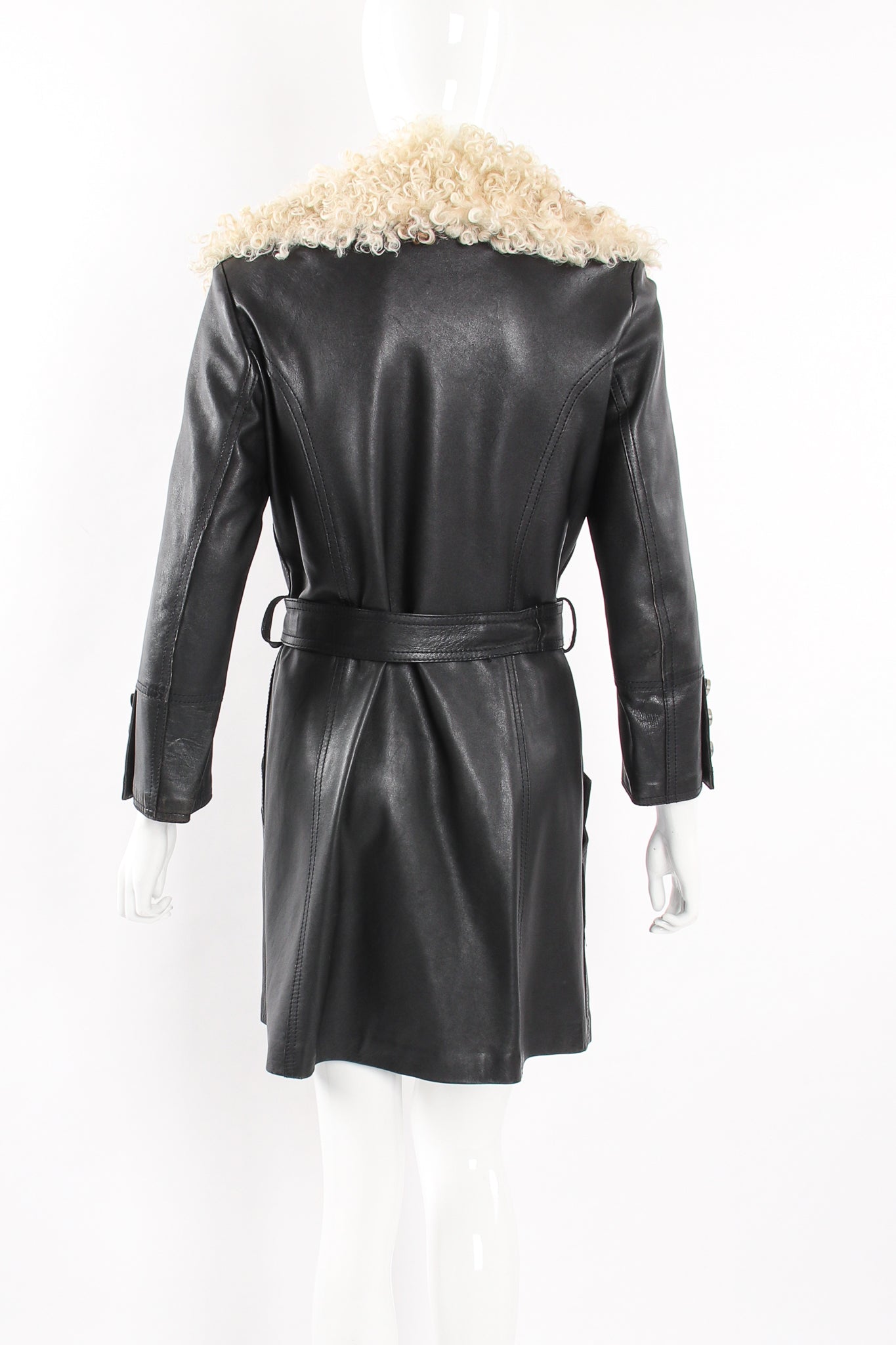 Vintage Leda Spain by Gropper Leather & Lamb Fur Trench Coat on Mannequin back at Recess LA