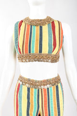 Recess Los Angeles Designer Consignment Vintage Leo Narducci Striped Seersucker Coin Fringe Crop Top & Pant Carnival Set