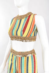 Recess Los Angeles Designer Consignment Vintage Leo Narducci Striped Seersucker Coin Fringe Crop Top & Pant Carnival Set