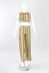 Recess Los Angeles Designer Consignment Vintage Leo Narducci Striped Seersucker Coin Fringe Crop Top & Pant Carnival Set