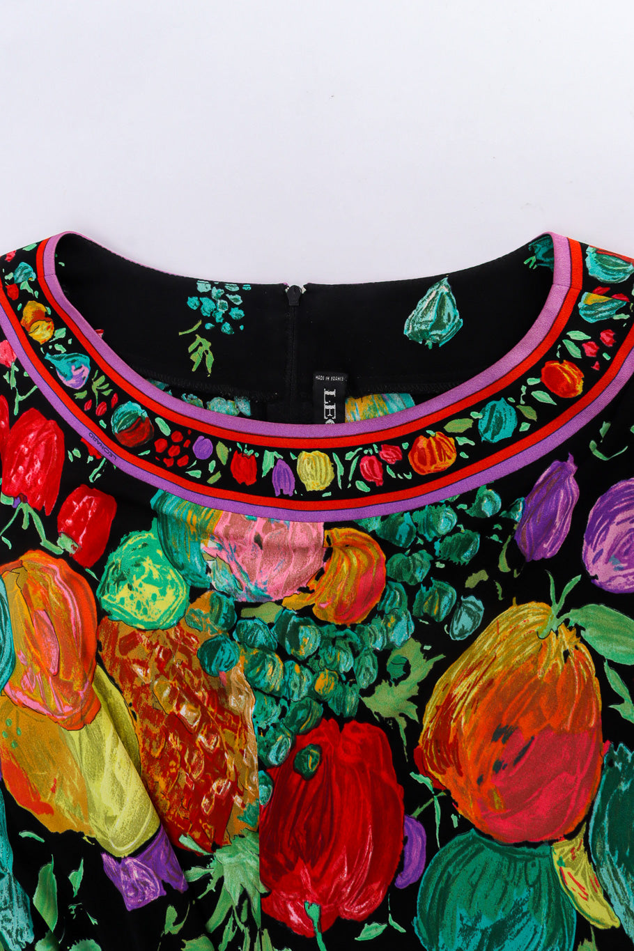 Vintage Leonard Fruit and Floral Dolman Dress Photo closeup neckline @recessla
