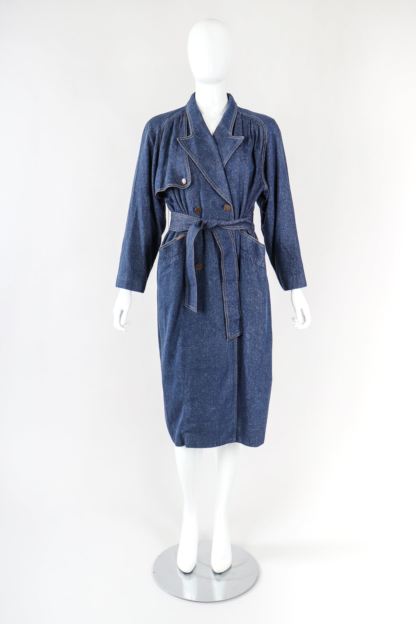 Recess Designer Consignment Vintage Leonard Double Breasted Denim Cocoon Car Coat Trench Los Angeles Resale