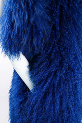 Vintage Leonard Cobalt Mongolian Fur Short Sleeve Swing Coat on Mannequin pockets at Recess LA