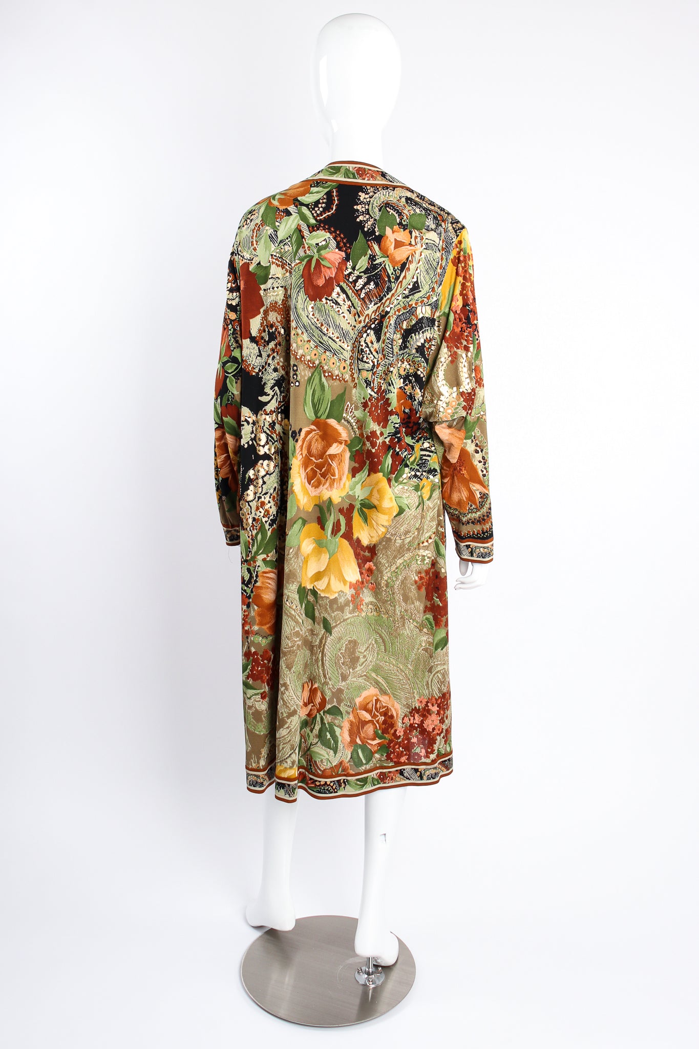 Vintage Leonard Fall Floral Foliage Duster on Mannequin back at Recess Los Angeles