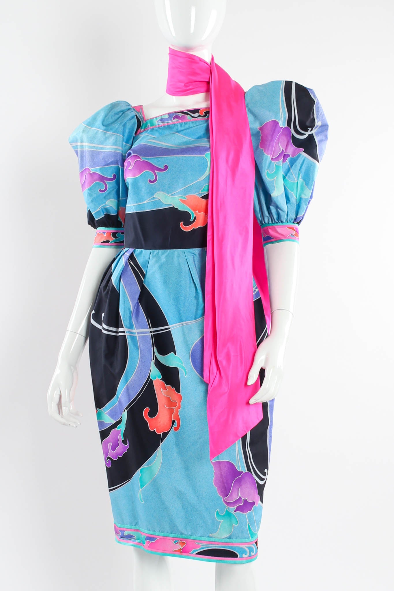 Vintage Leonard Abstract Floral Waves Dress mannequin front neck sash @ Recess Los Angeles