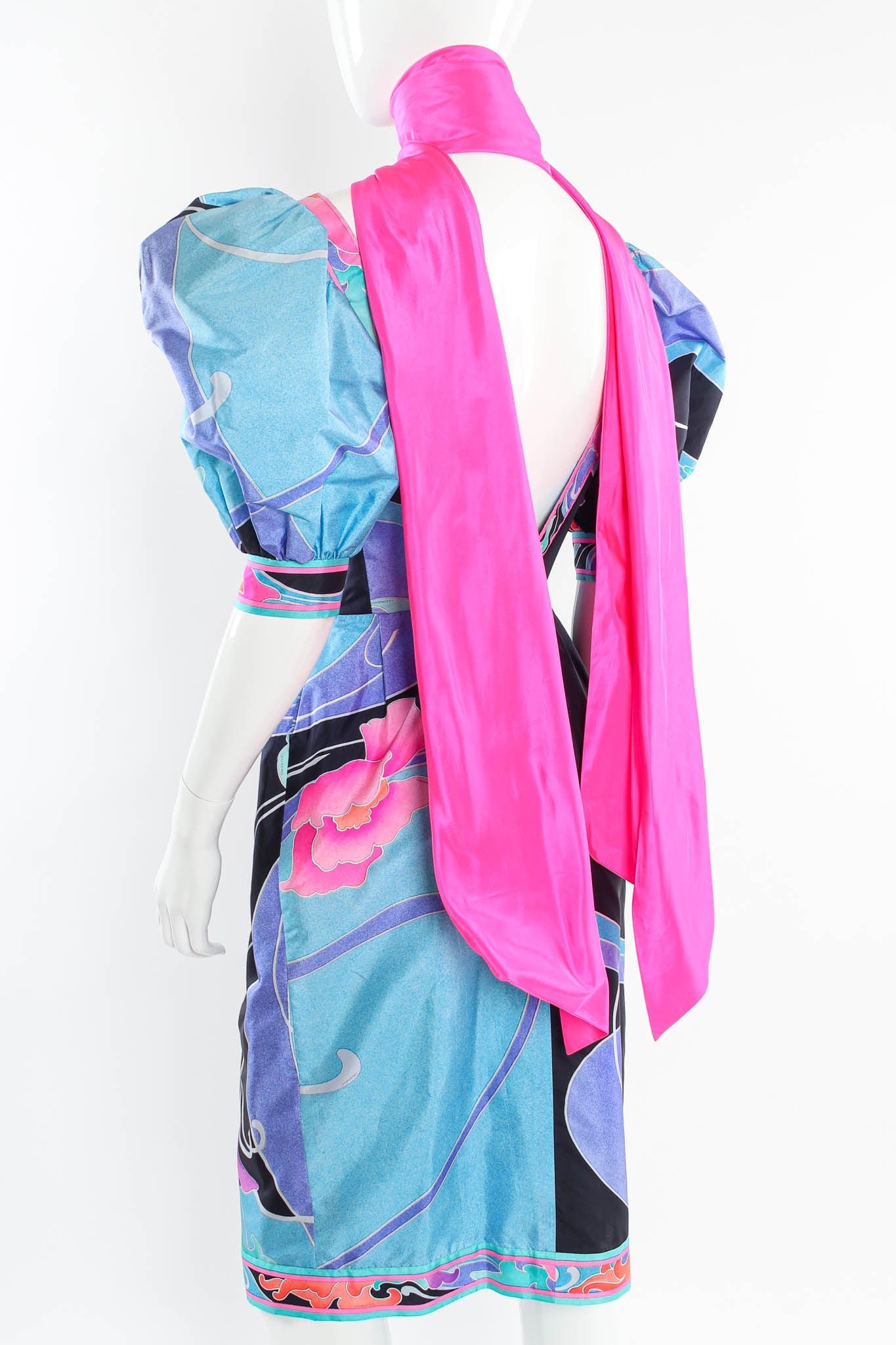 Vintage Leonard Abstract Floral Waves Dress mannequin back with sash  @ Recess Los Angeles