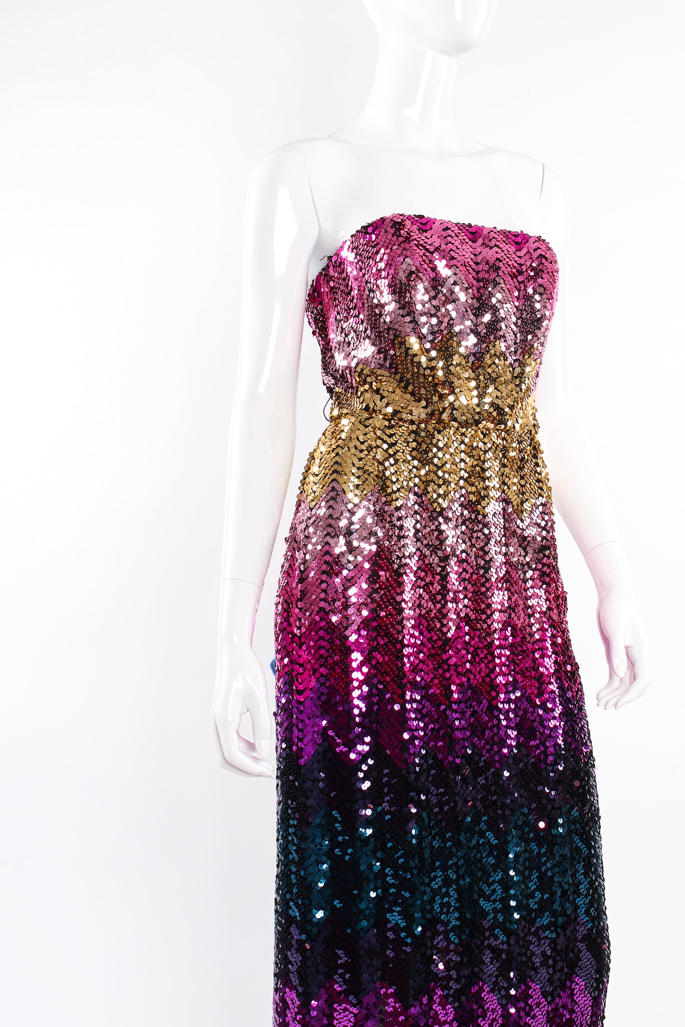 Vintage Lilli Diamond Ombré Sequin Strapless Sheath Dress on Mannequin angle crop at Recess LA