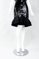 Vintage Lillie Rubin Sequin Ruffle Shoulder Cocktail Dress on Mannequin, flounce hem at Recess
