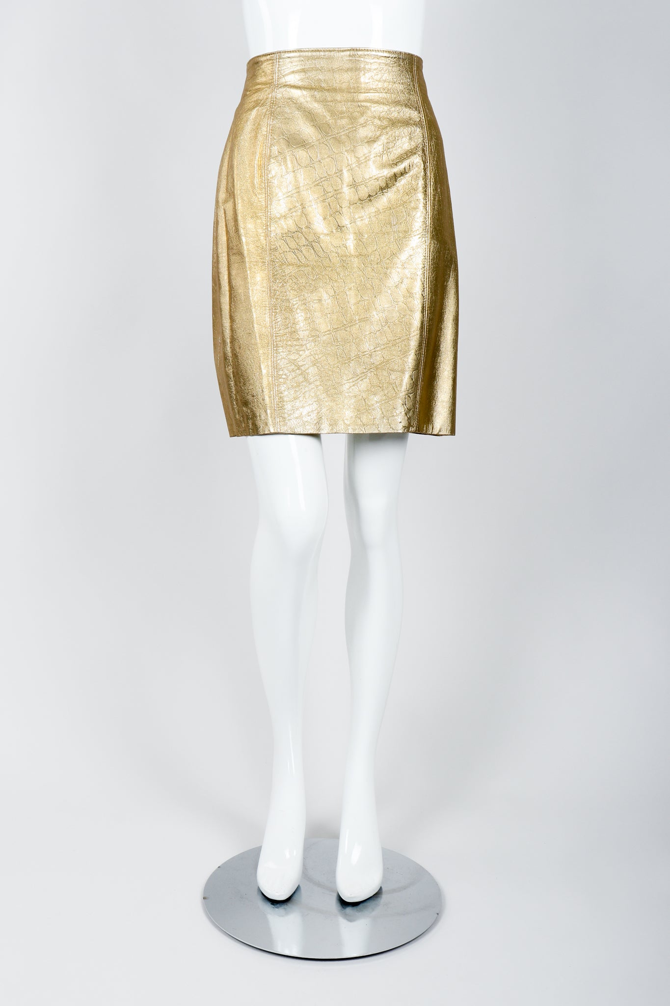 Vintage Lillie Rubin Gold Leather Lamé Skirt on Mannequin front at Recess