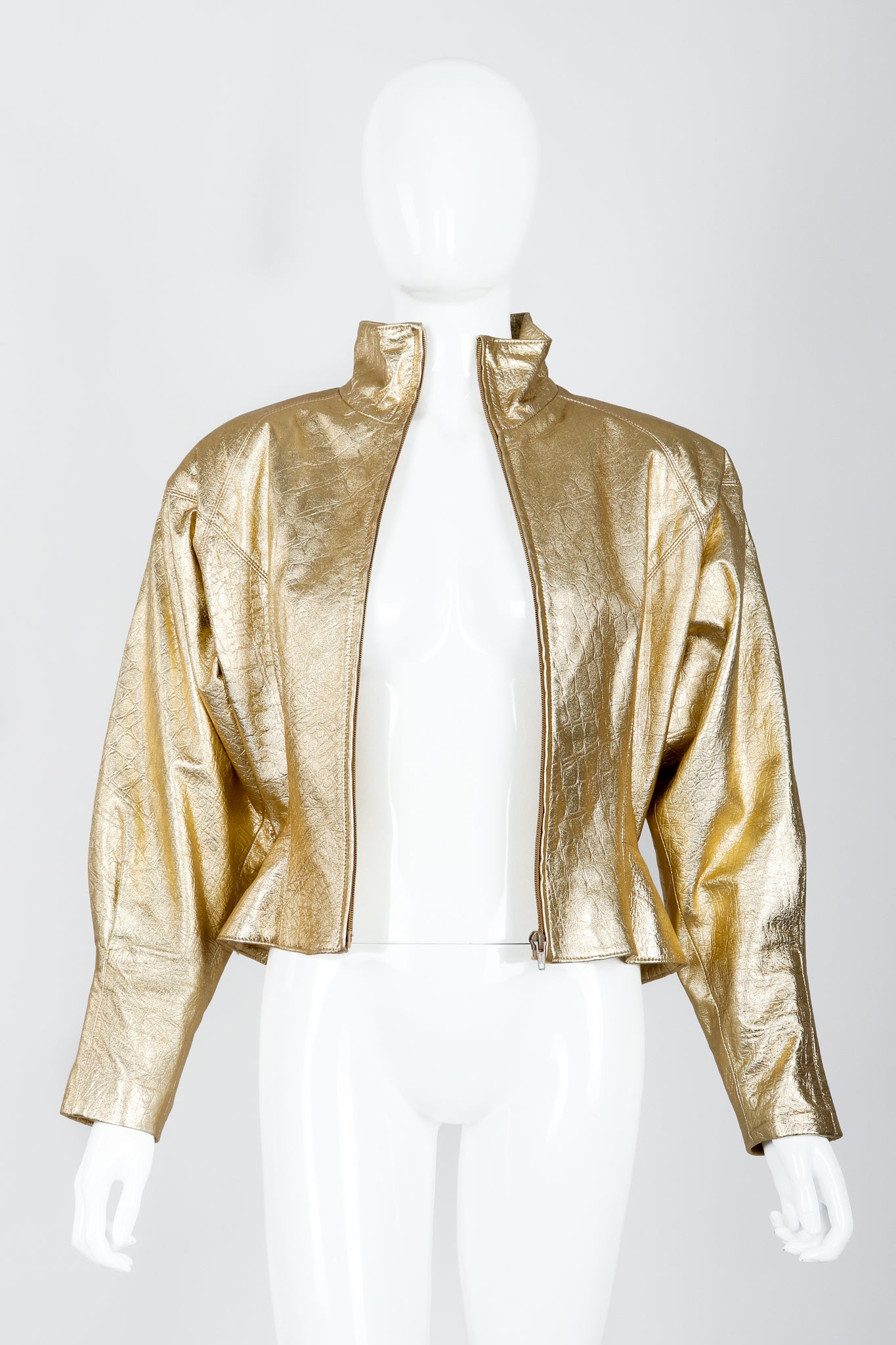 Vintage Lillie Rubin Gold Leather Lamé Jacket on Mannequin open at Recess