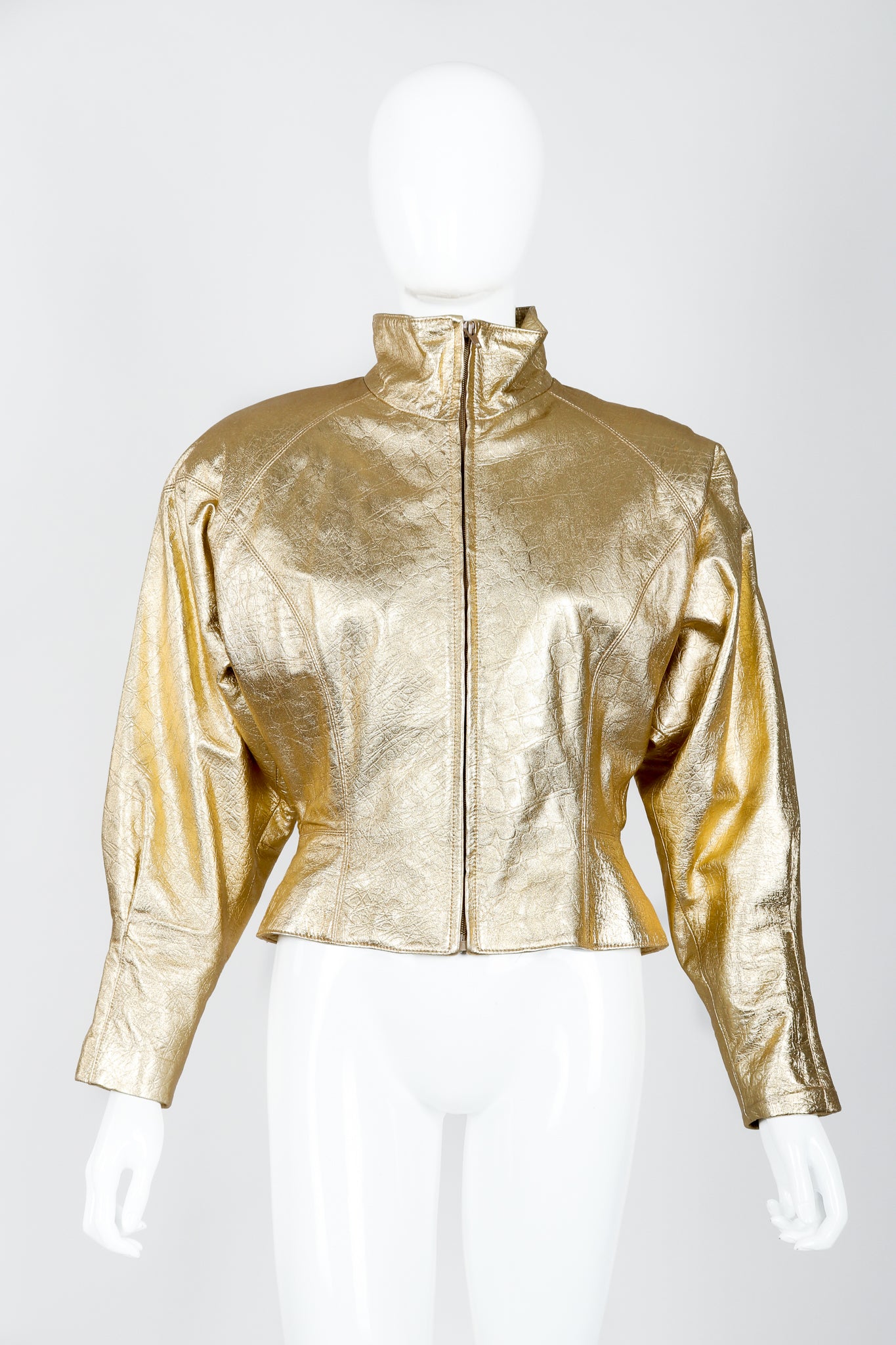 Vintage Lillie Rubin Gold Leather Lamé Jacket on Mannequin front at Recess