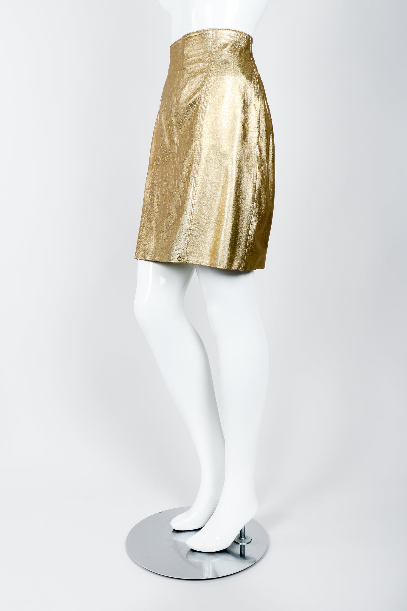 Vintage Lillie Rubin Gold Leather Lamé Skirt on Mannequin side at Recess