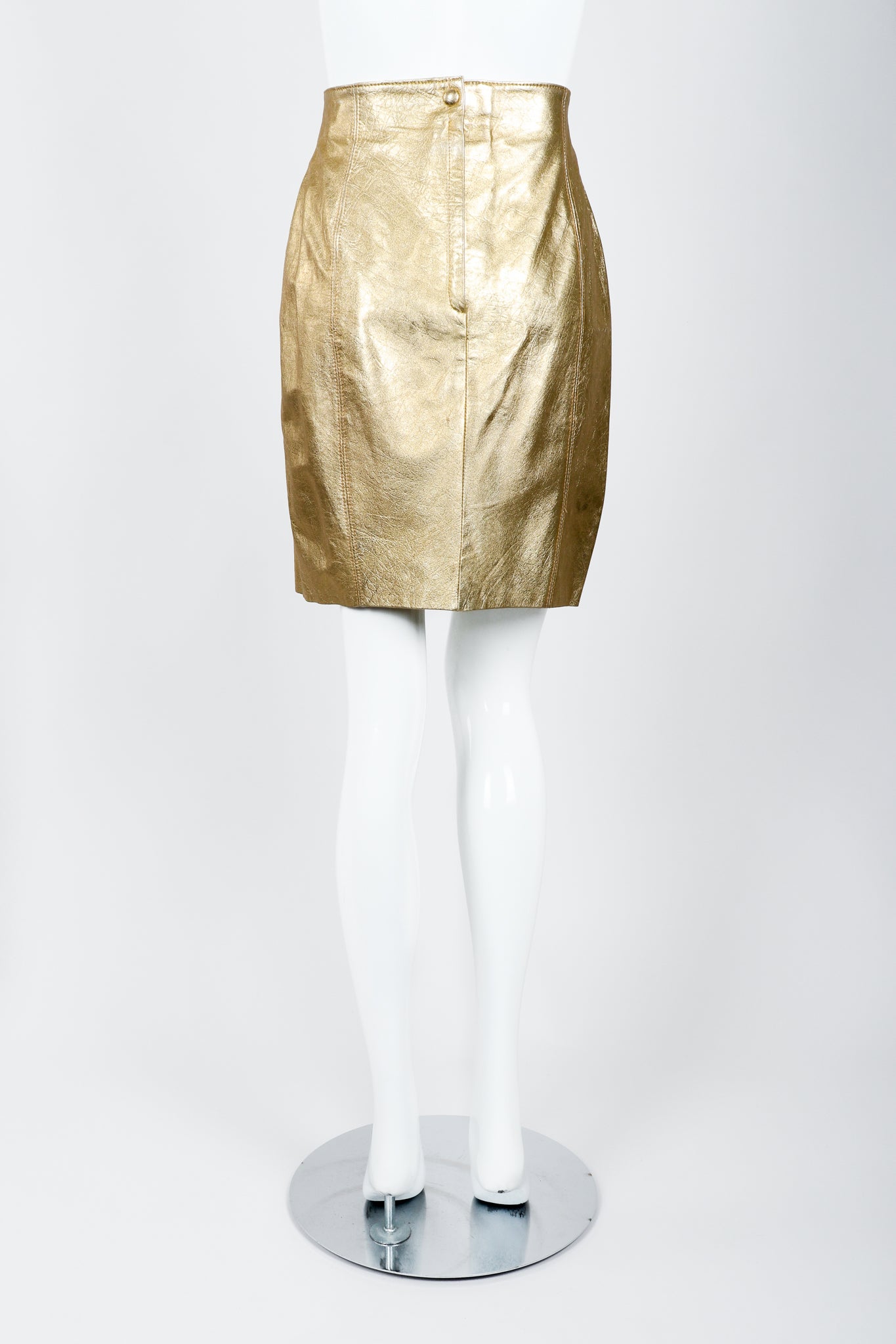 Vintage Lillie Rubin Gold Leather Lamé Skirt on Mannequin back at Recess