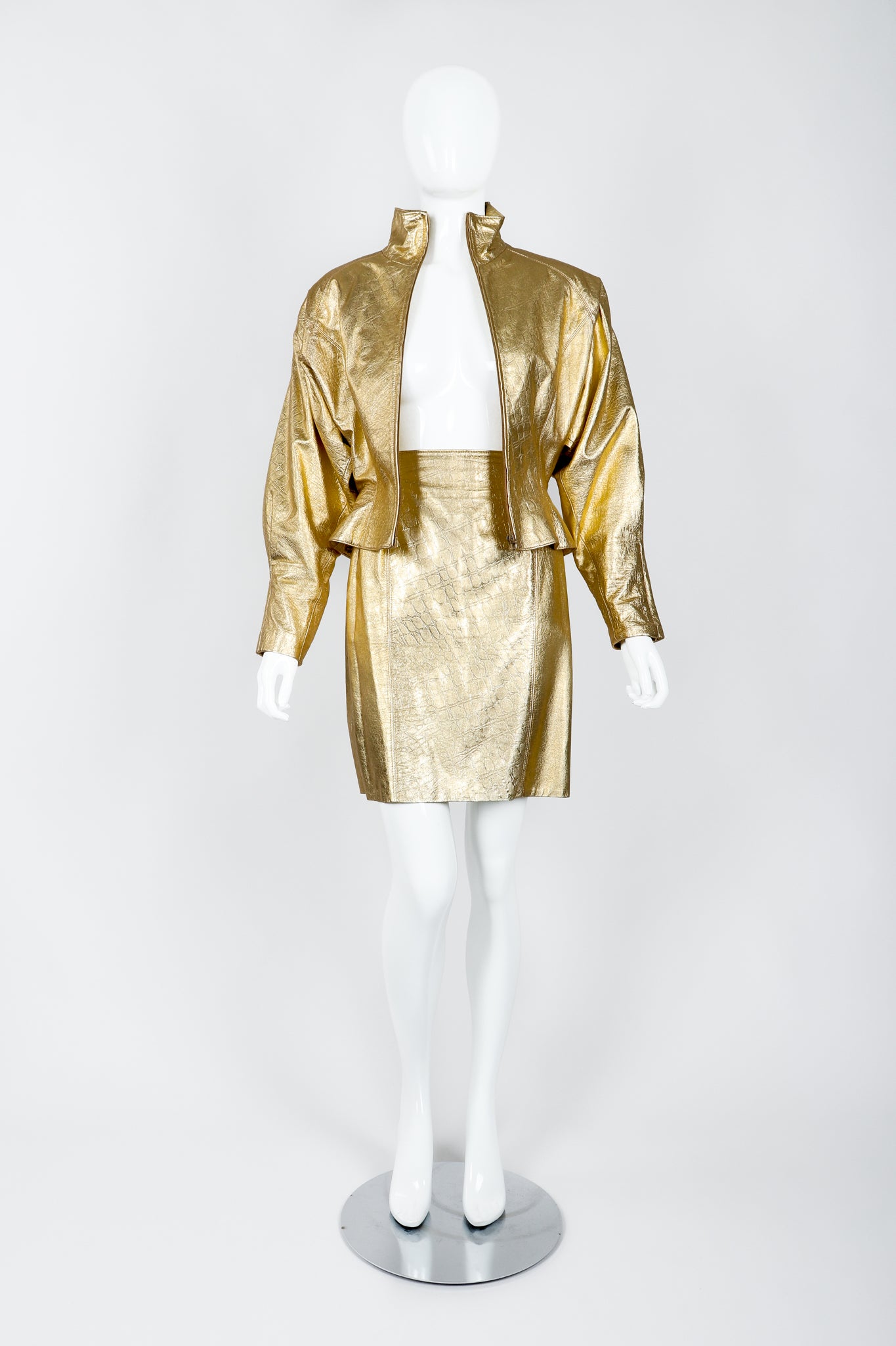 Vintage Lillie Rubin Gold Leather Lamé Jacket & Skirt Set on Mannequin open at Recess