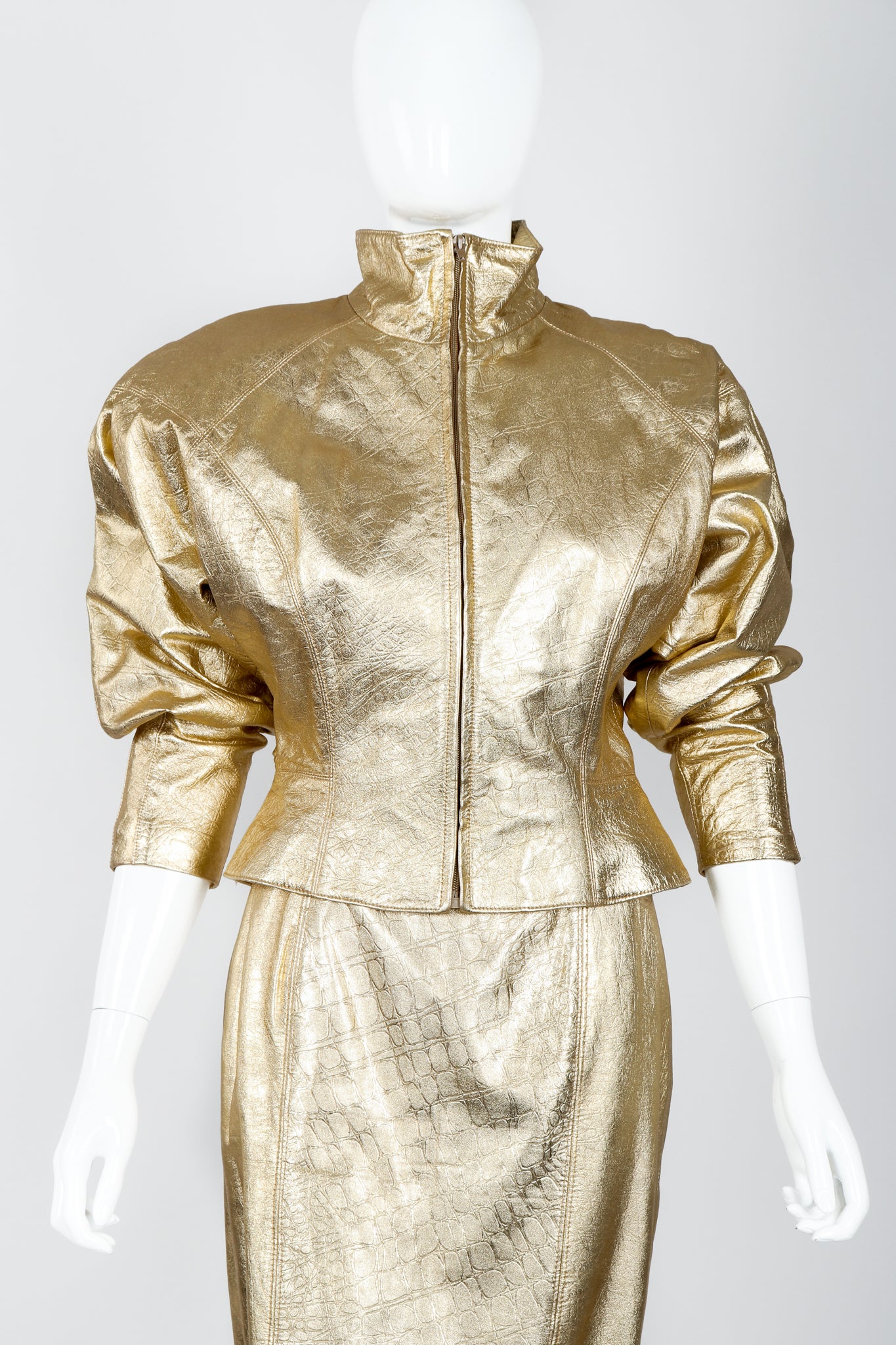 Vintage Lillie Rubin Gold Leather Lamé Jacket & Skirt Set on Mannequin front Crop at Recess