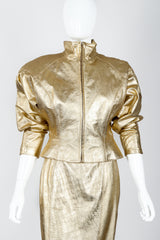 Vintage Lillie Rubin Gold Leather Lamé Jacket & Skirt Set on Mannequin front Crop at Recess