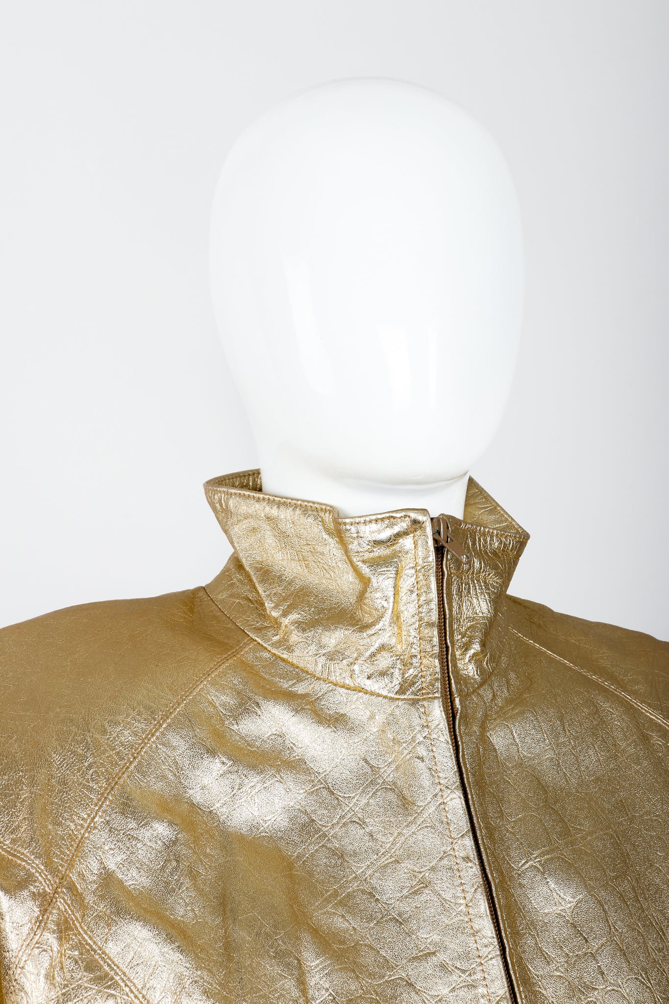 Vintage Lillie Rubin Gold Leather Lamé Jacket & Skirt Set on Mannequin neckline