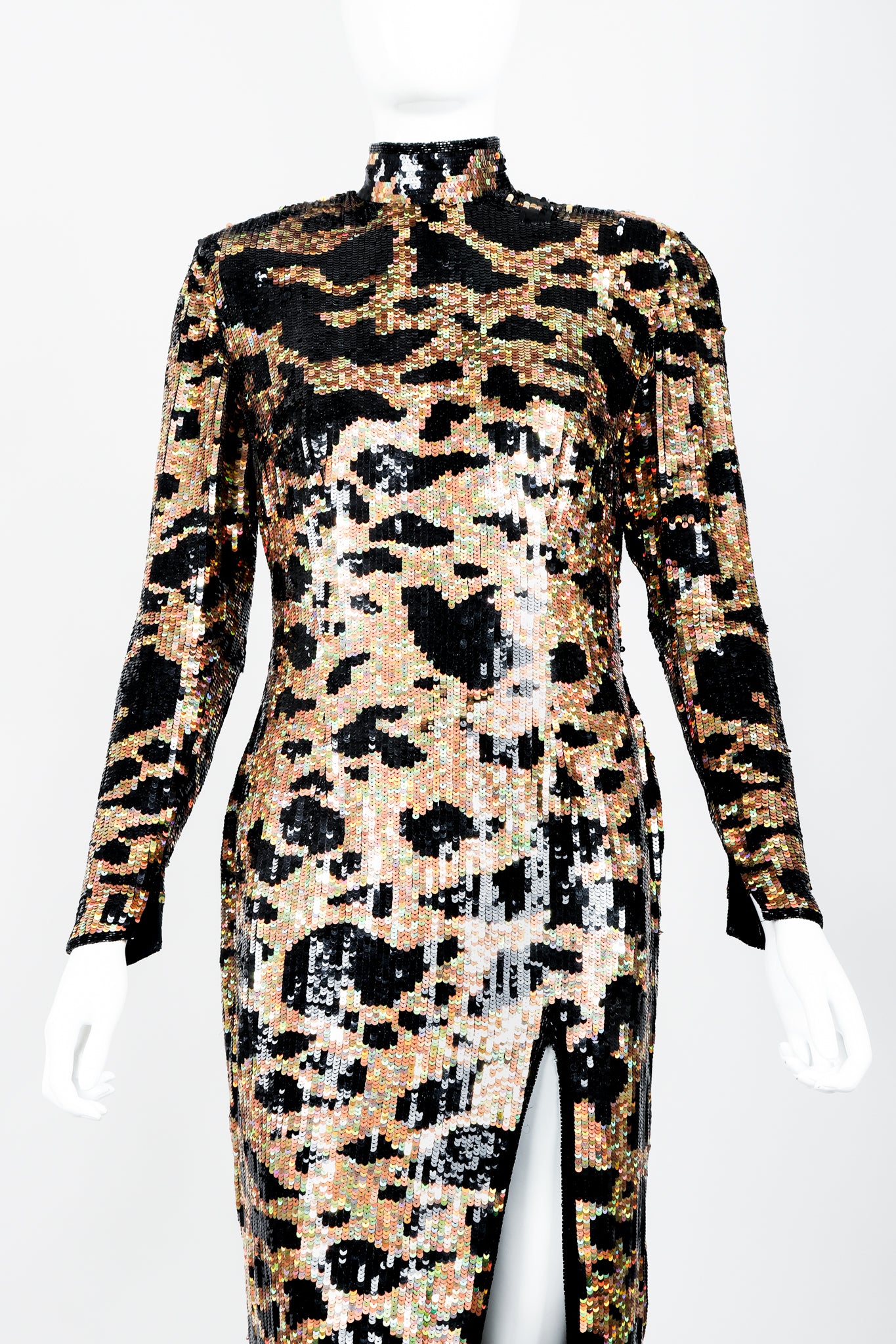 Vintage Riazee for Lillie Rubin Holographic Sequin Animal Sheath Dress on Mannequin front crop