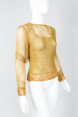Vintage Loris Azzaro Rare Gold Draped Chain Juliet Sleeve Top on mannequin, cropped at Recess