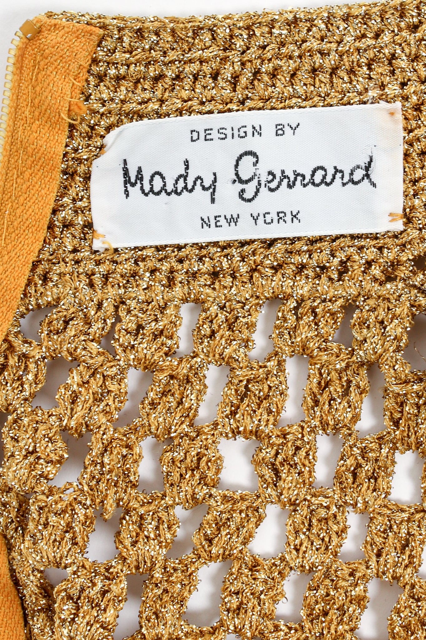 Vintage Mady Gerrard Metallic Gold Crochet Net Dress label at Recess Los Angeles