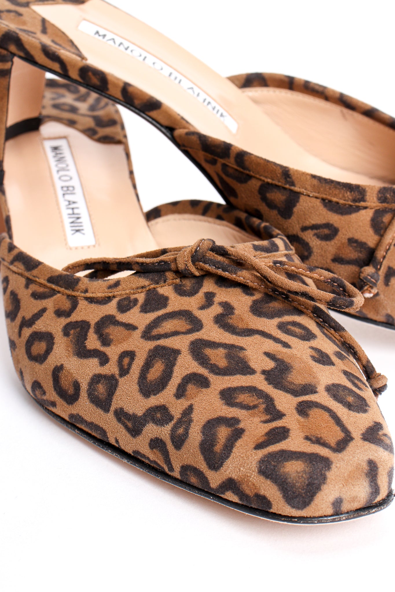Vintage Manolo Blahnik Leopard Suede Block Heel Mules detail at Recess Los Angeles