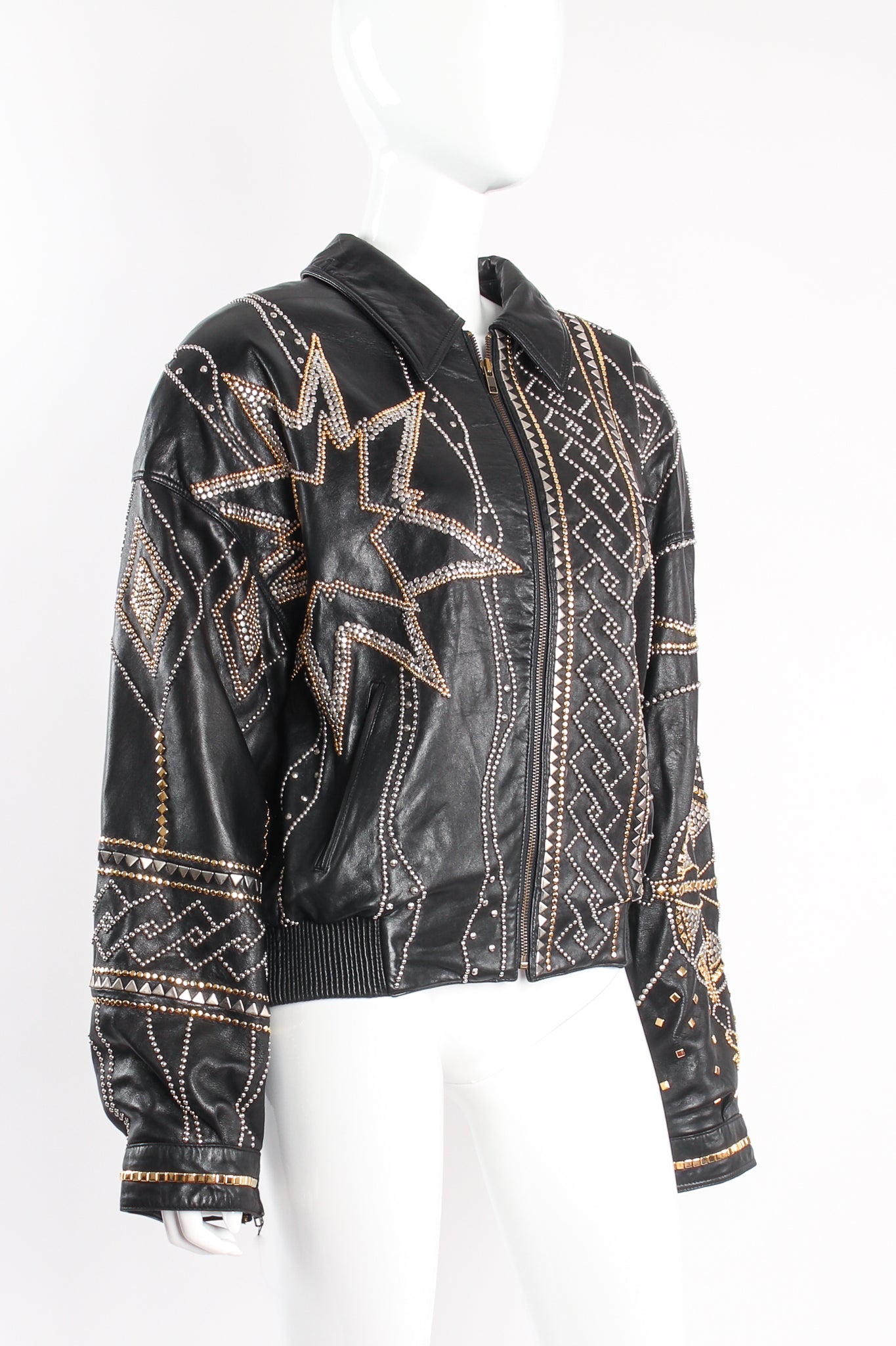 Vintage Pelle Pelle Marc Buchanan Compass Studded Leather Jacket on mannequin angle at Recess LA