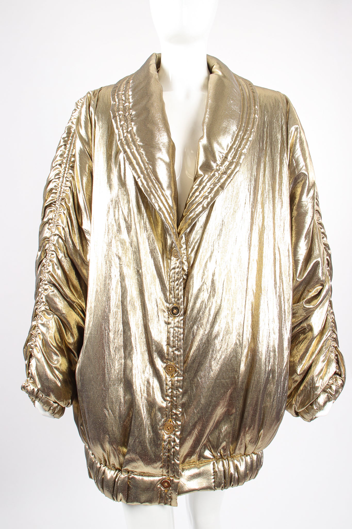 Vintage Maréna Maréna Inc Metallic Lamé Golden Puffer Coat on Mannequin front at Recess LA