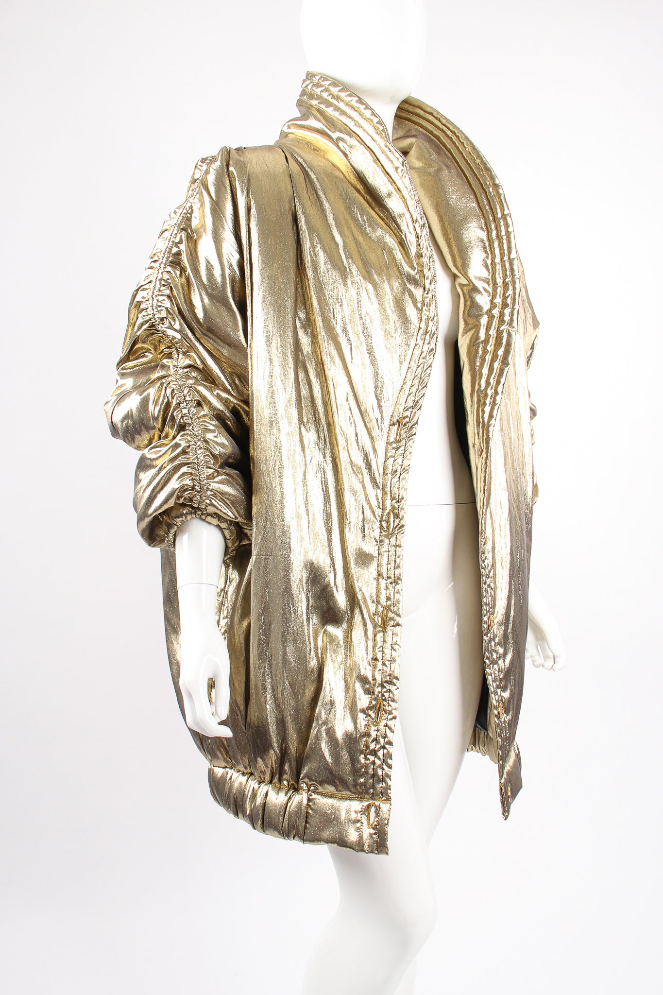 Vintage Maréna Maréna Inc Metallic Lamé Golden Puffer Coat on Mannequin angle at Recess LA